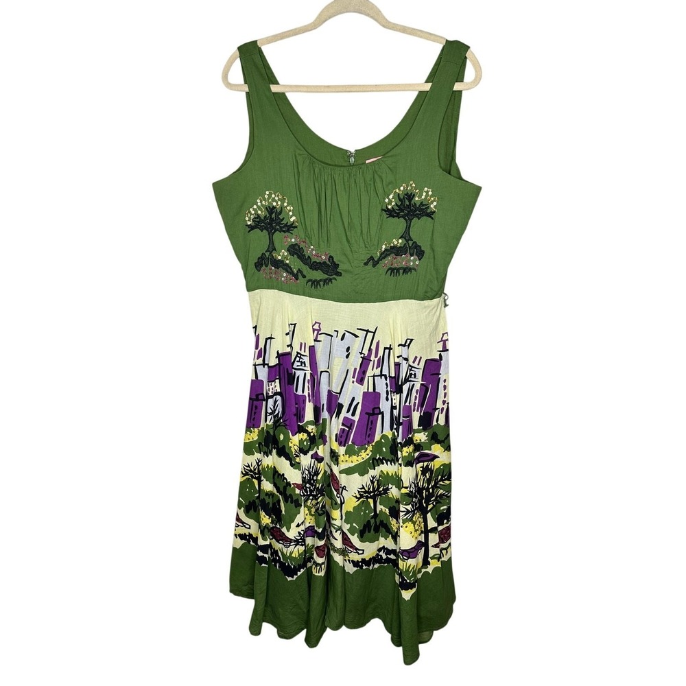 Bandolino Womens 14 Green Purple Cityscape Midi Dress Sleeveless Sequin Cotton